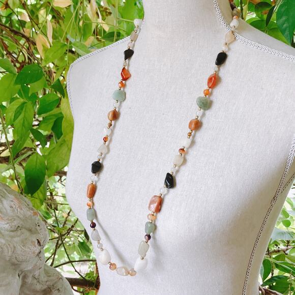 Vintage 1960s Long Gemstone Necklace 34" Jadeite Amethyst Carnelian Onyx Quartz - Picture 5 of 10